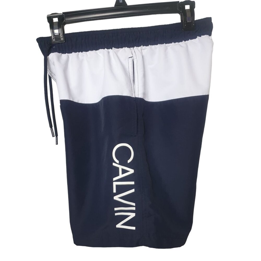Calvin Klein Mens S Swim Trunks Navy White Logo Swimwear Lined Volley Shorts